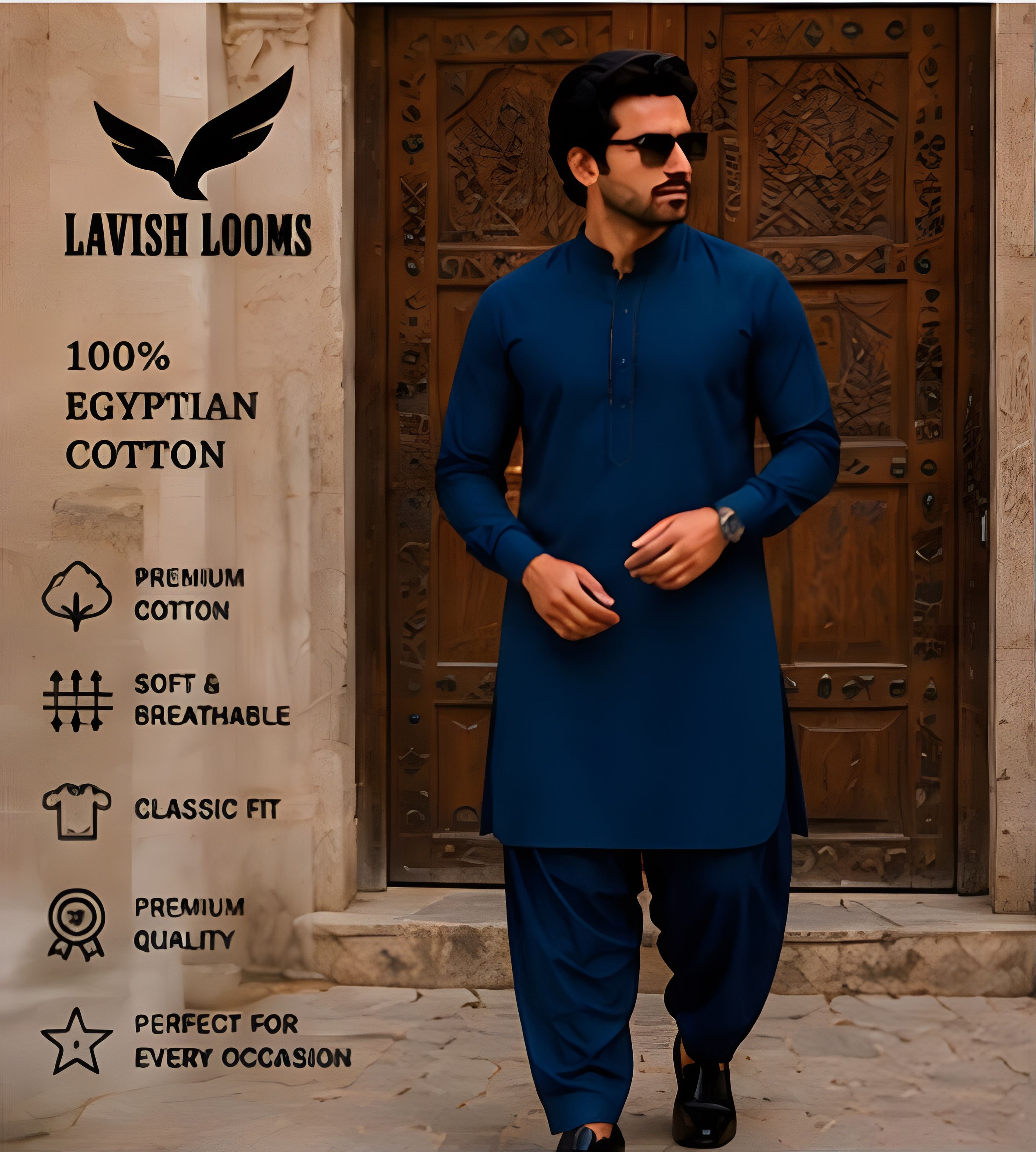 Model wearing Lavish Looms Egyptian Cotton kurta shalwar in teal blue