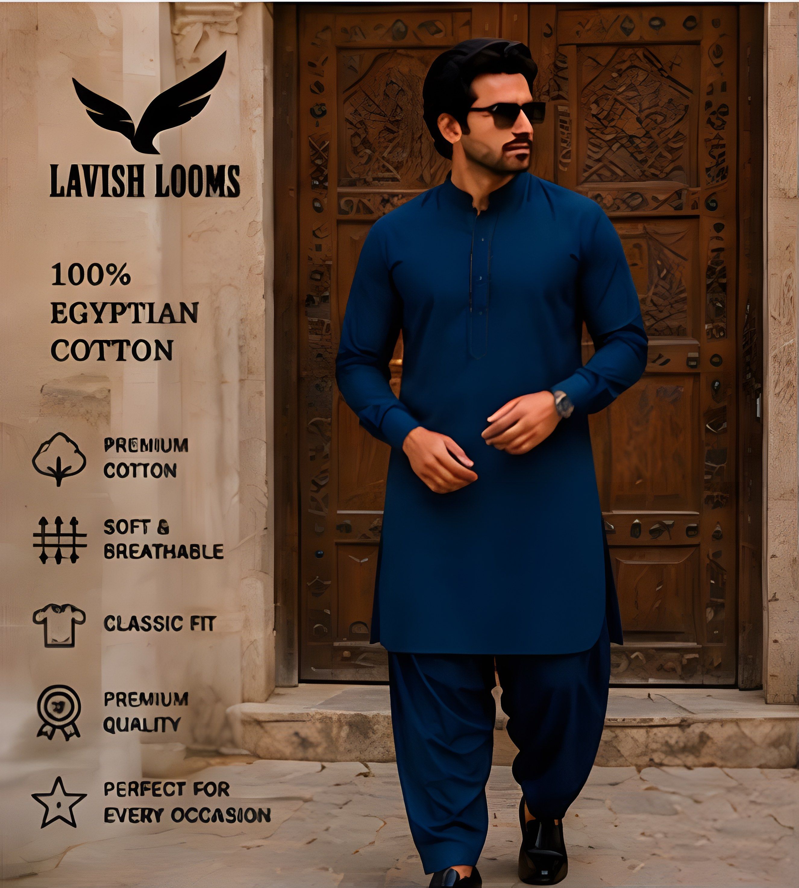 Model wearing Lavish Looms Egyptian Cotton kurta shalwar in teal blue