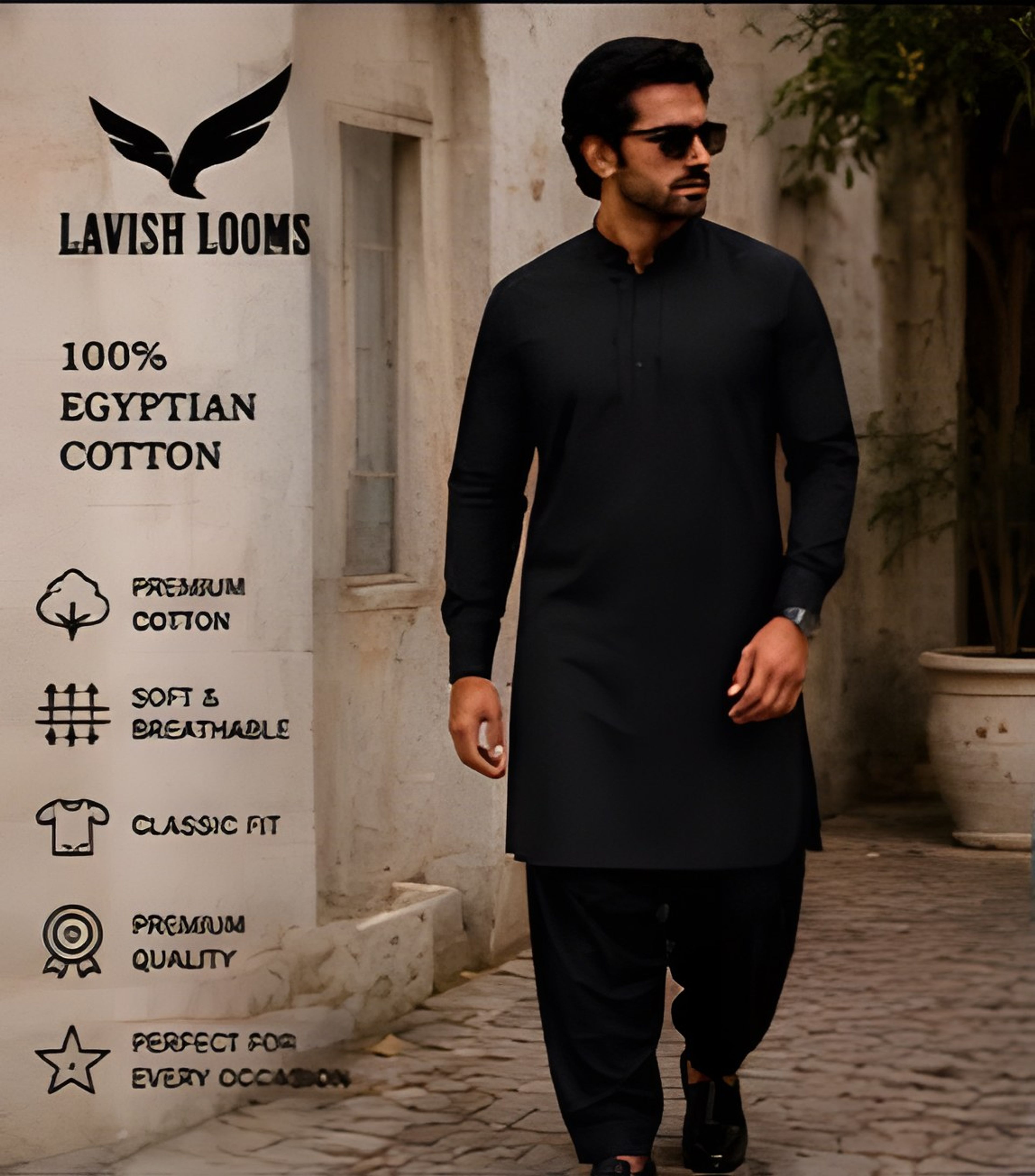 Model wearing Lavish Looms Egyptian Cotton kurta shalwar in jet black