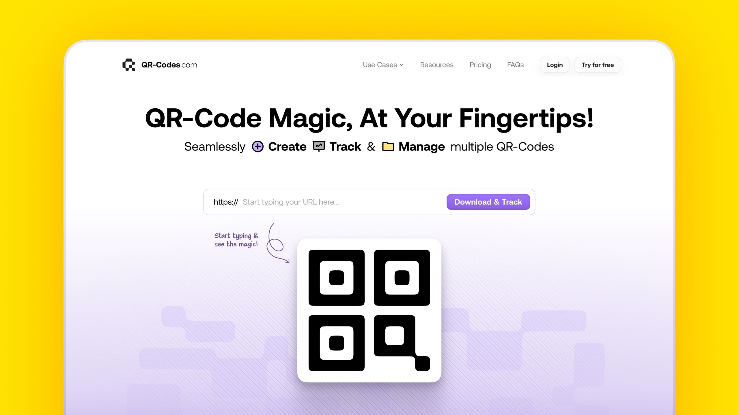 QR-Codes.com homepage for creating, tracking, and managing QR codes