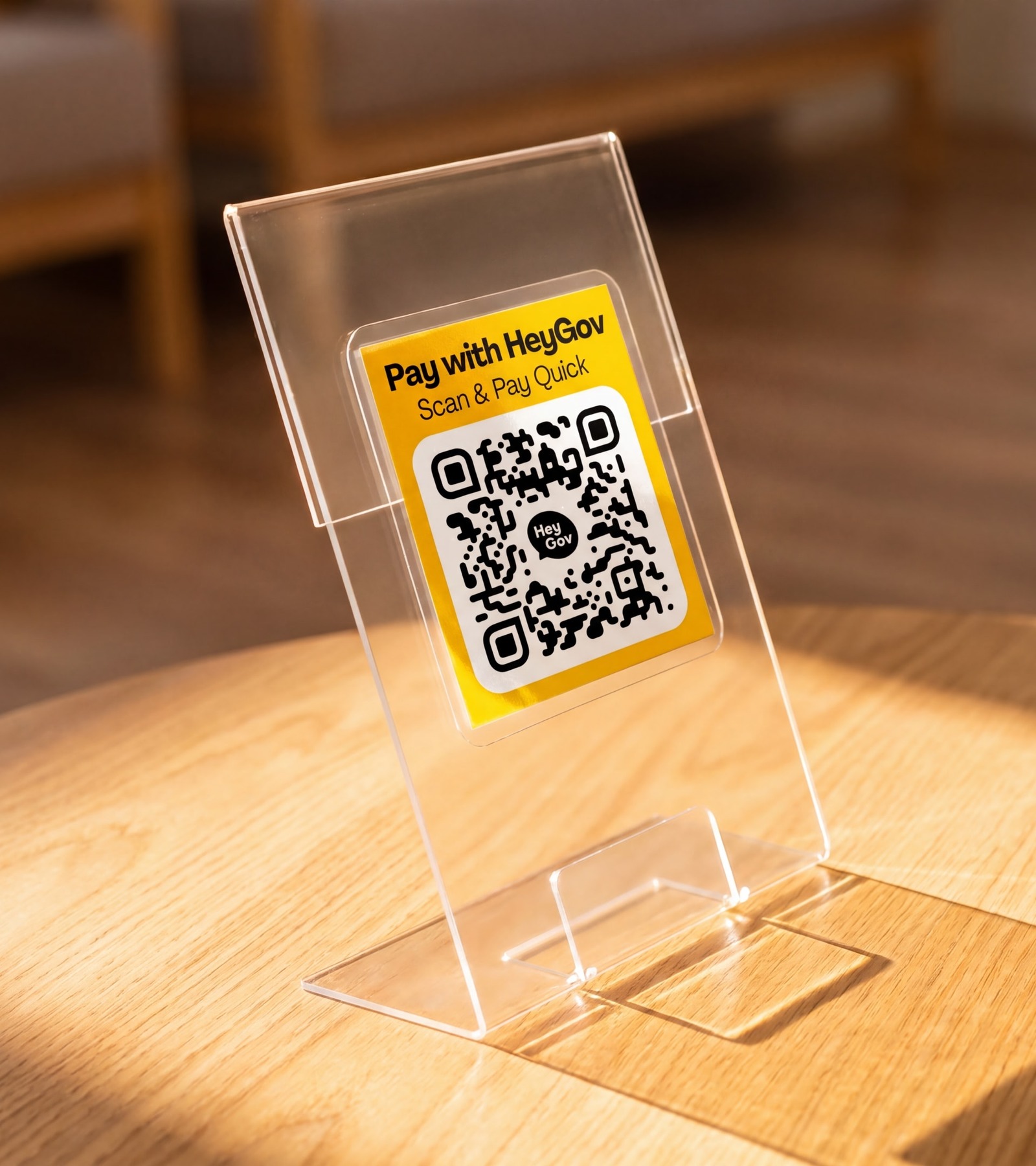 HeyGov Scan and Pay QR code displayed on a countertop sign