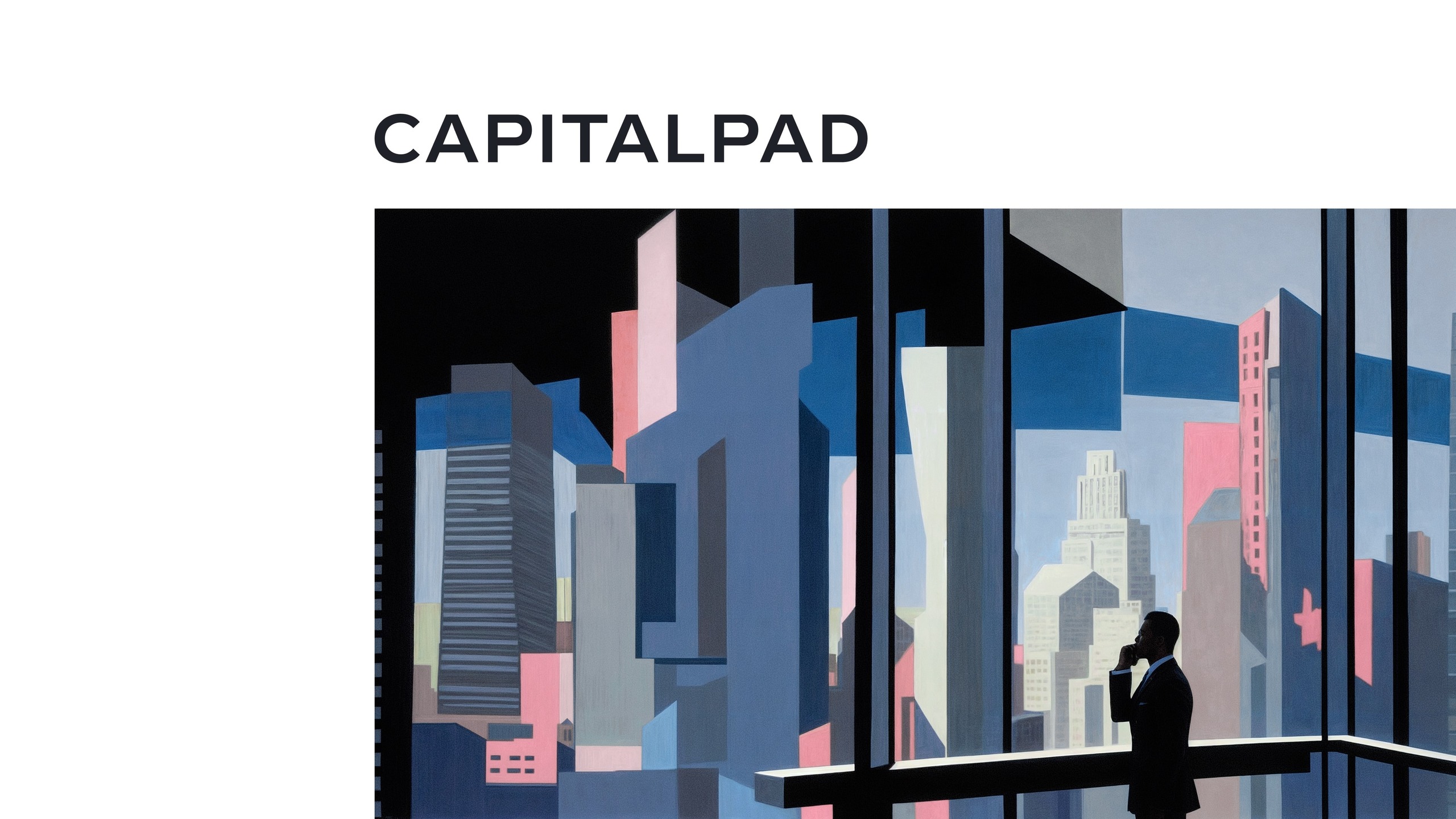 CapitalPad wordmark above an illustration of a city viewed from an office