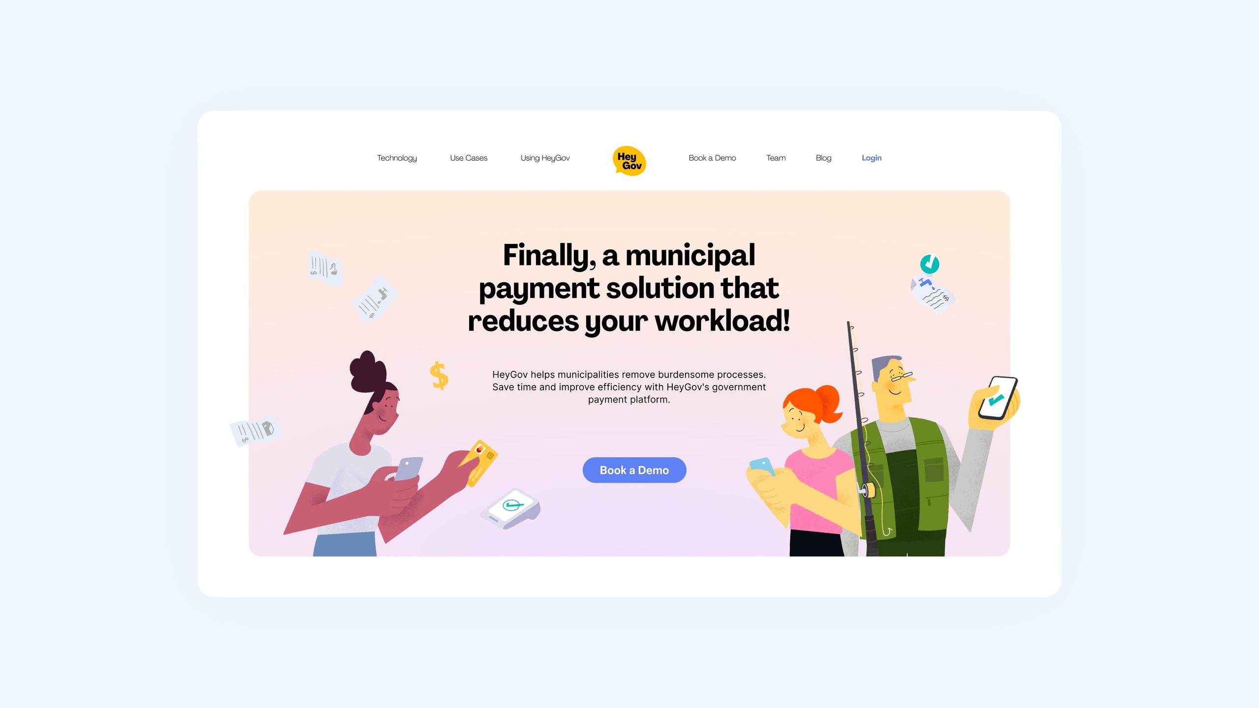 HeyGov website presenting a municipal payment solution with civic illustrations