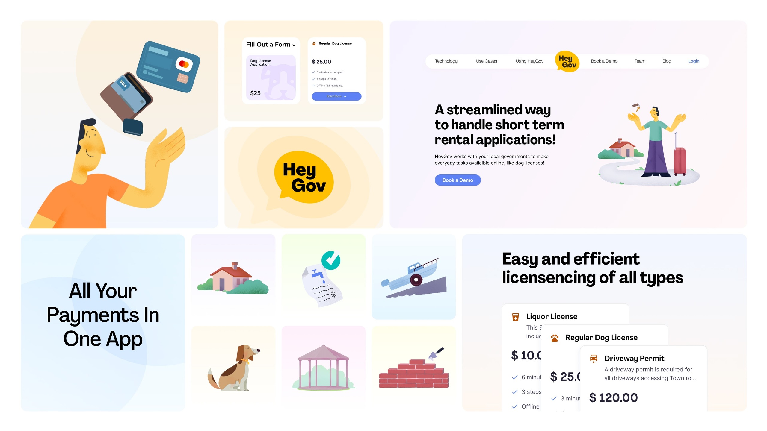 HeyGov brand system across payment cards, website layouts, and civic illustrations