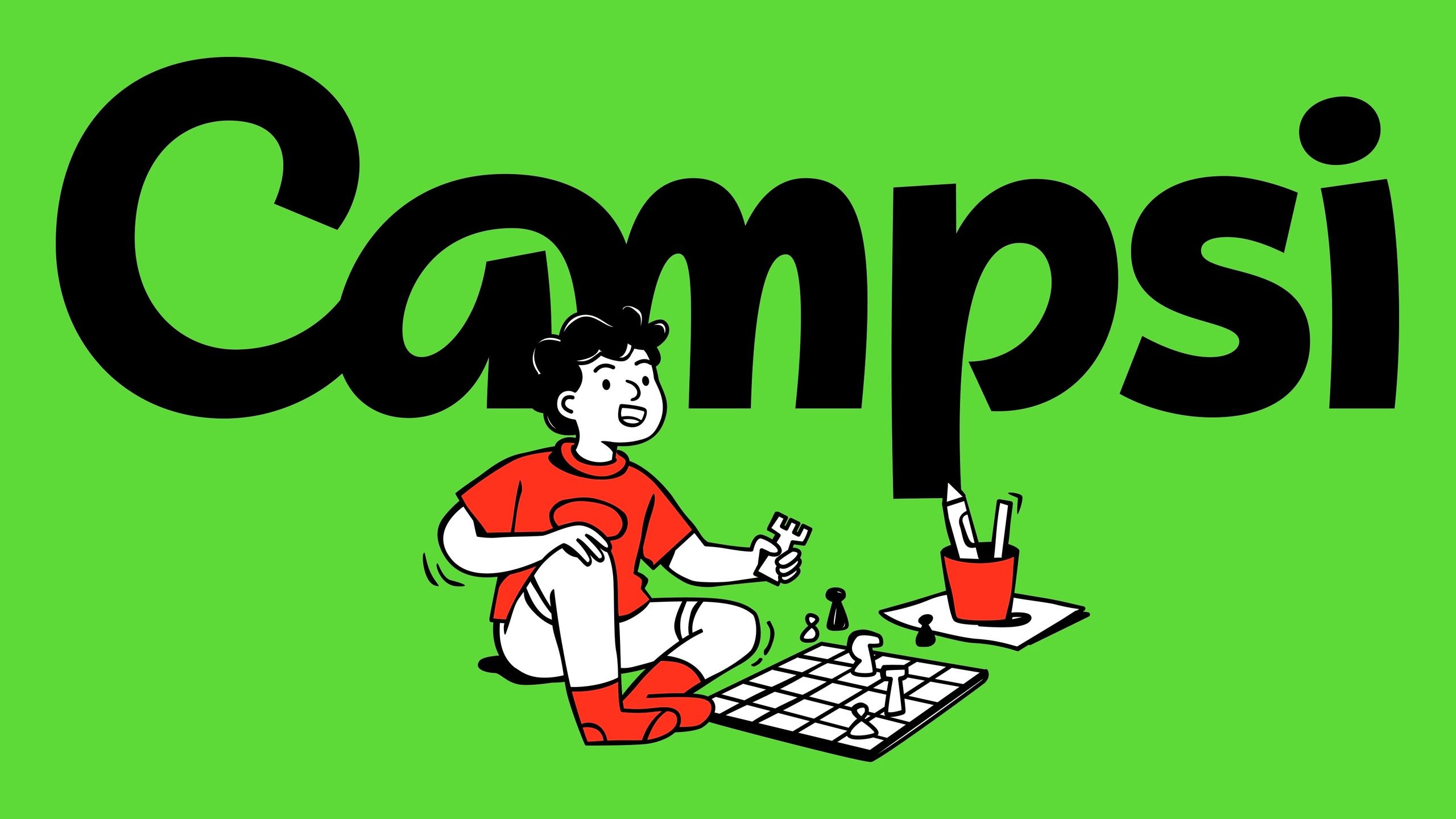 Campsi wordmark above an illustration of a child playing a board game
