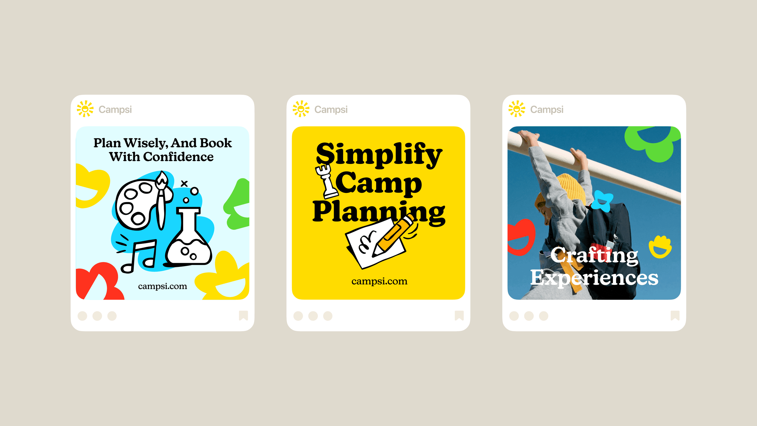 Animated Campsi social posts for camp planning and activities