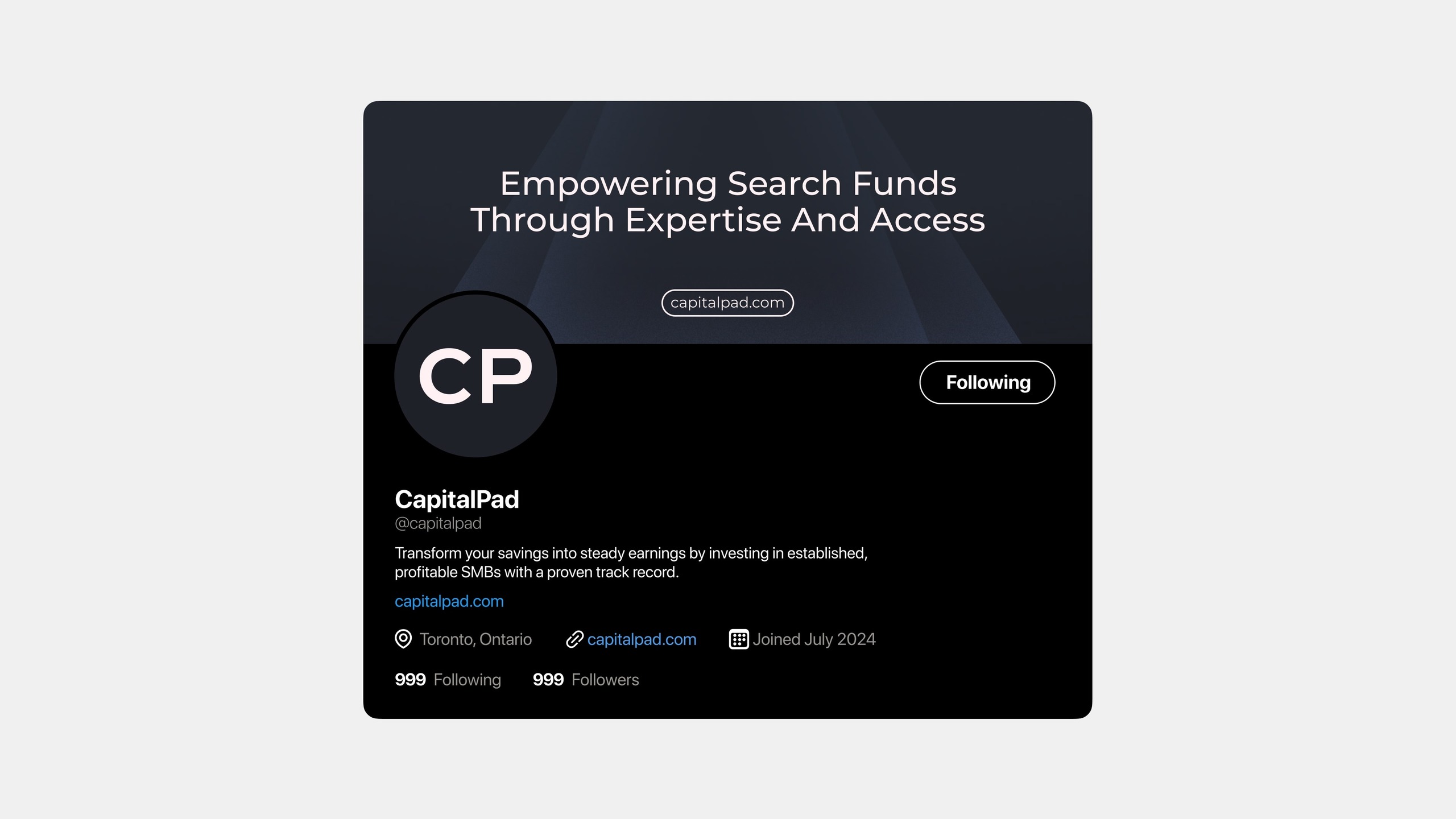 CapitalPad social profile using the CP monogram and dark brand palette