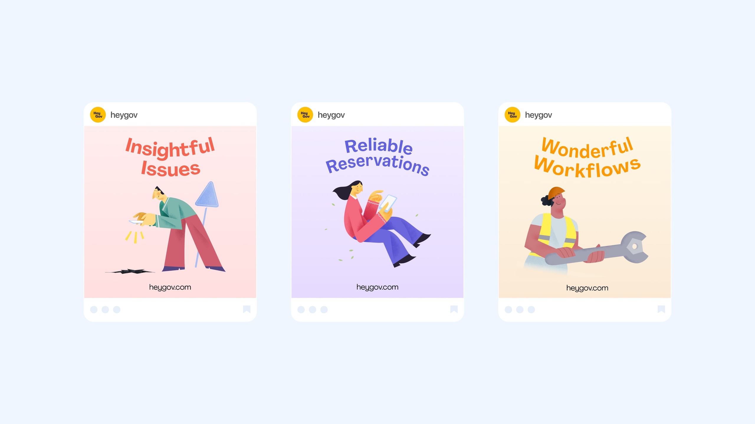 HeyGov social posts for issue reporting, reservations, and municipal workflows
