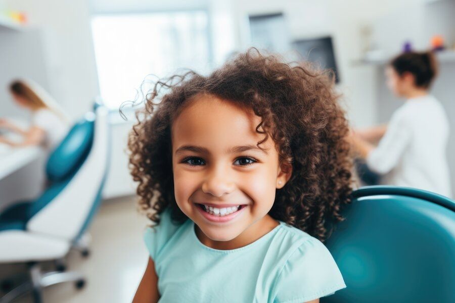 Pretty African American little girl in the dental office is happy because her filling will not hurt - dentist uses laser dentistry for kids in Palo Alto