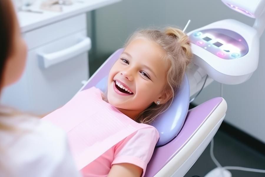 Little girl in dentist chair benefits from laser dentistry at pedatric dentist in Palo Alto