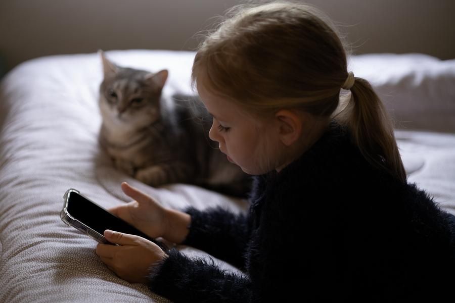 Little girl and cat lying on bed. Child holding cell phone and concentrating