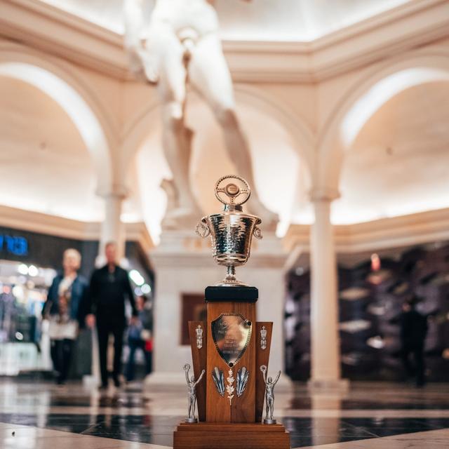 The 1981 Caesars Palace Grand Prix trophy, won by Alan Jones, back in the marble halls of the iconic hotel four decades on.