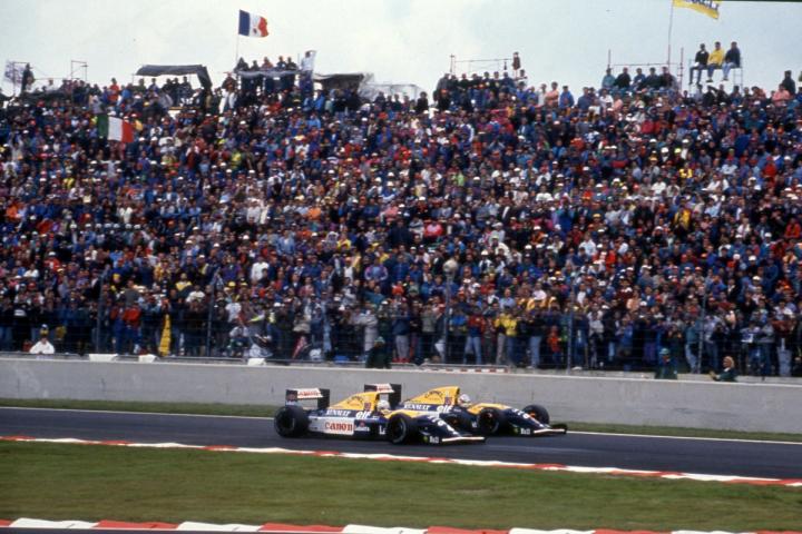 Nigel Mansell and teammate Riccardo Patrese bring home a 1-2 for Williams at the 1992 French Grand Prix