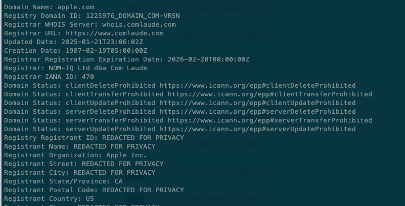 The results of a WHOIS search for the domain name apple.com, showing the registration data is redacted for privacy