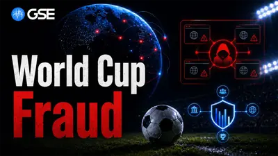 Graphic featuring a soccer ball and the text "WORLD CUP FRAUD" against a dark background with a digital globe and cybersecurity icons.