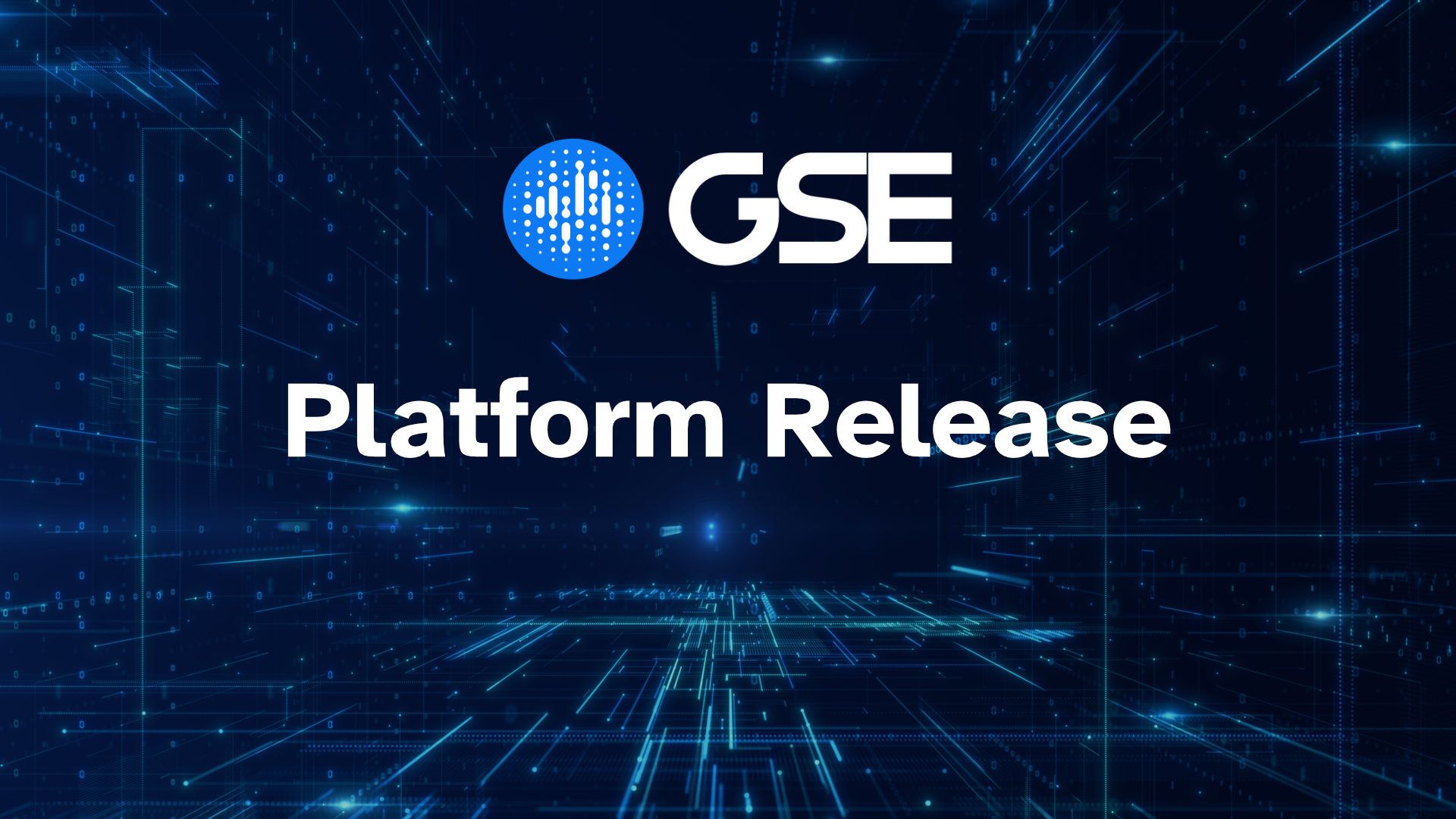 Abstract blue tech background with GSE logo and text Platform Release