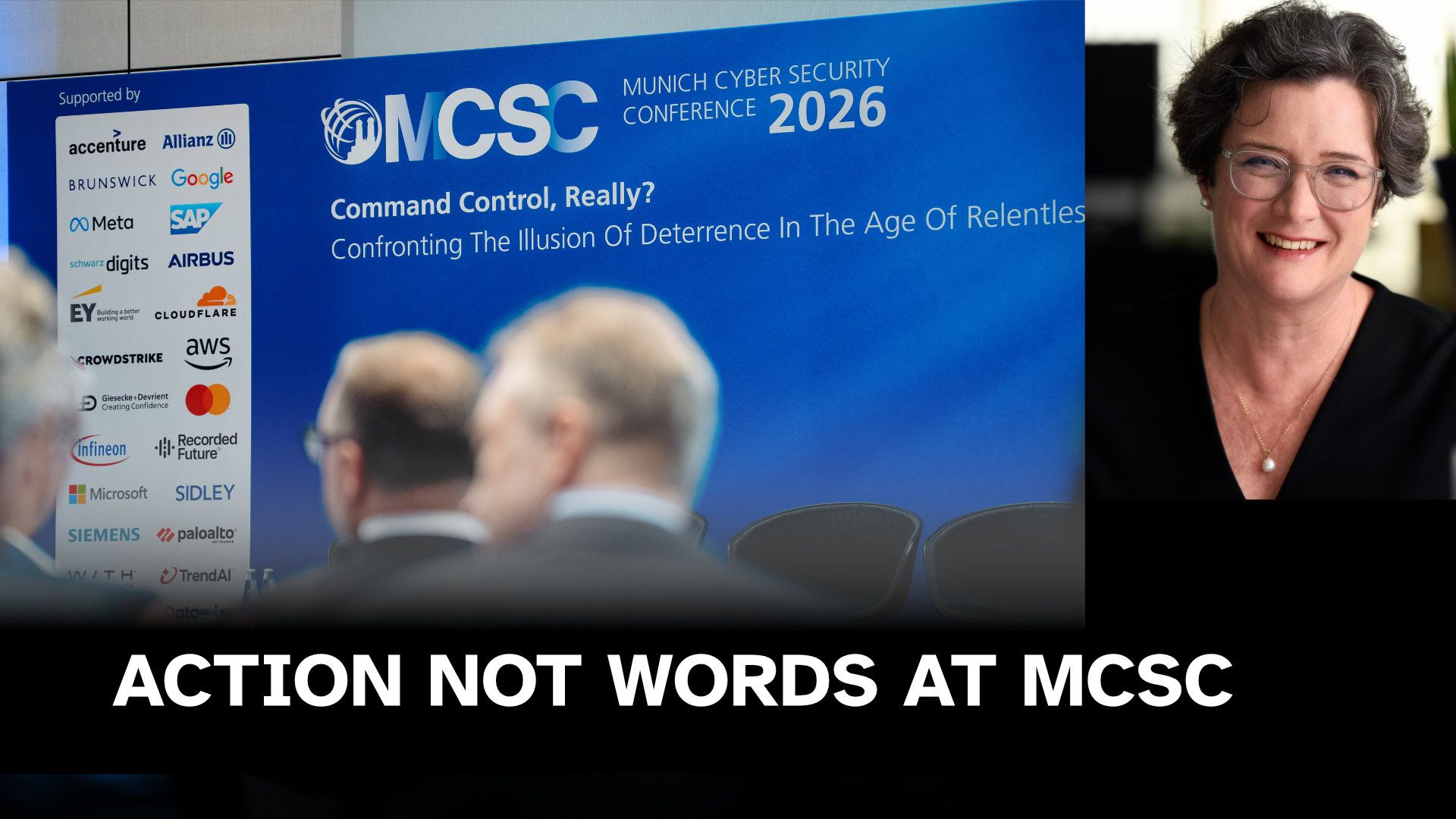 Munich Cyber Security Conference 2026 in background and GSE Founder, Emily Taylor