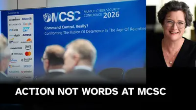 Munich Cyber Security Conference 2026 in background and GSE Founder, Emily Taylor