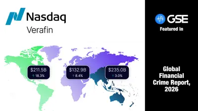 Nasdaq Verafin logo and world map showing amount of losses in three regions
