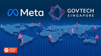 Abstract World map with warning triangles and Meta and GovTech Singapore logos