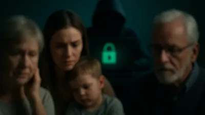 Vulnerable groups looking concerned with looming scammer in the background