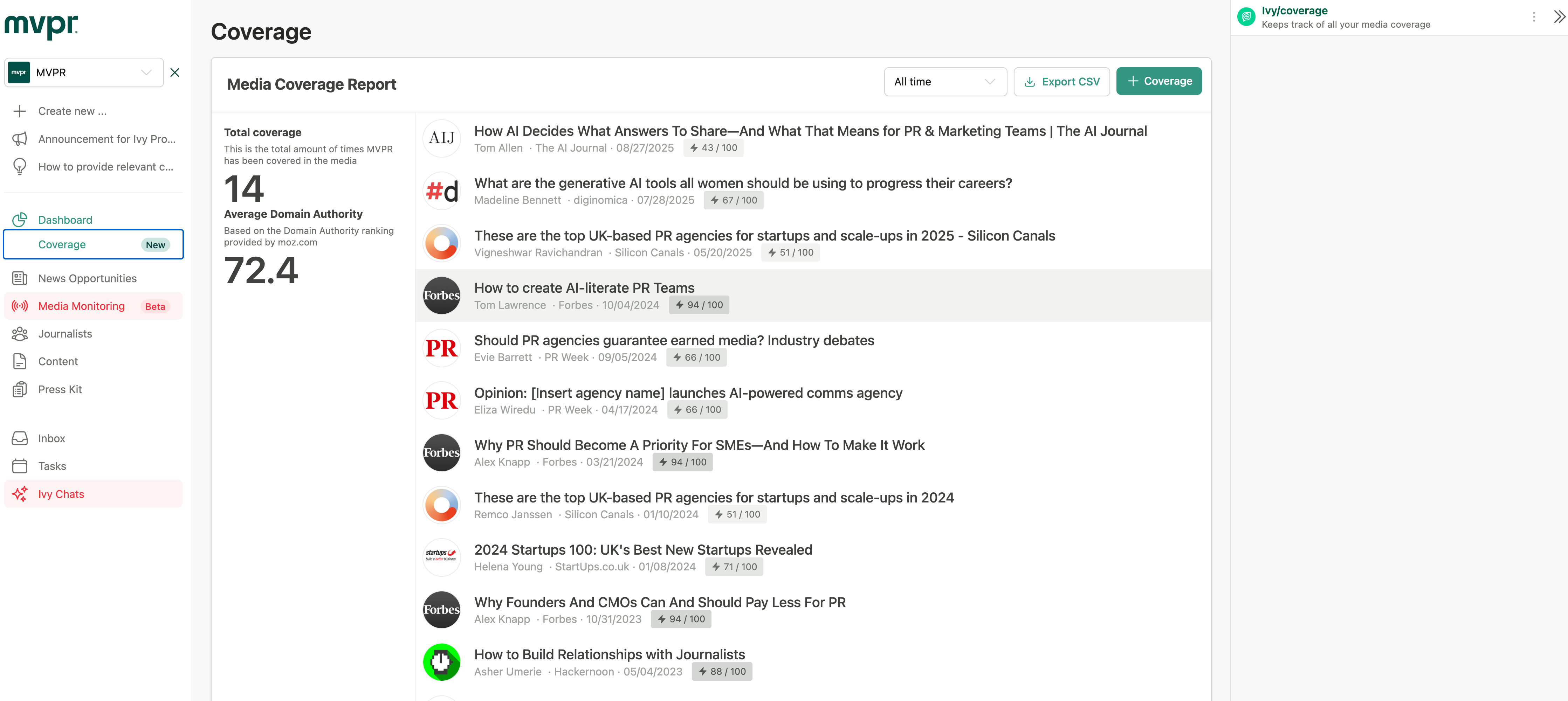 Coverage has it's own sub-page in the dashboard