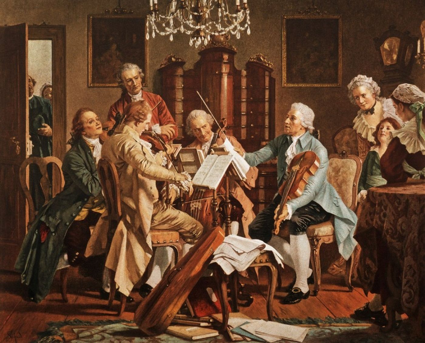 A classical painting of musicians playing a Haydn String Quartet.