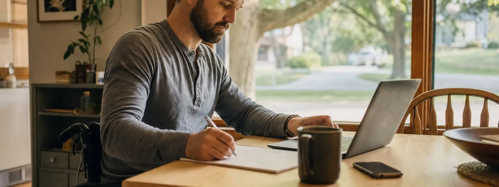 A homebuyer researches listings on a laptop and takes handwritten notes at a table.