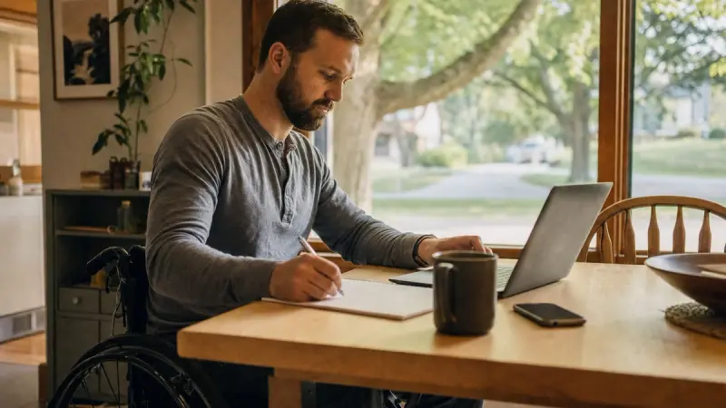 A homebuyer researches listings on a laptop and takes handwritten notes at a table.
