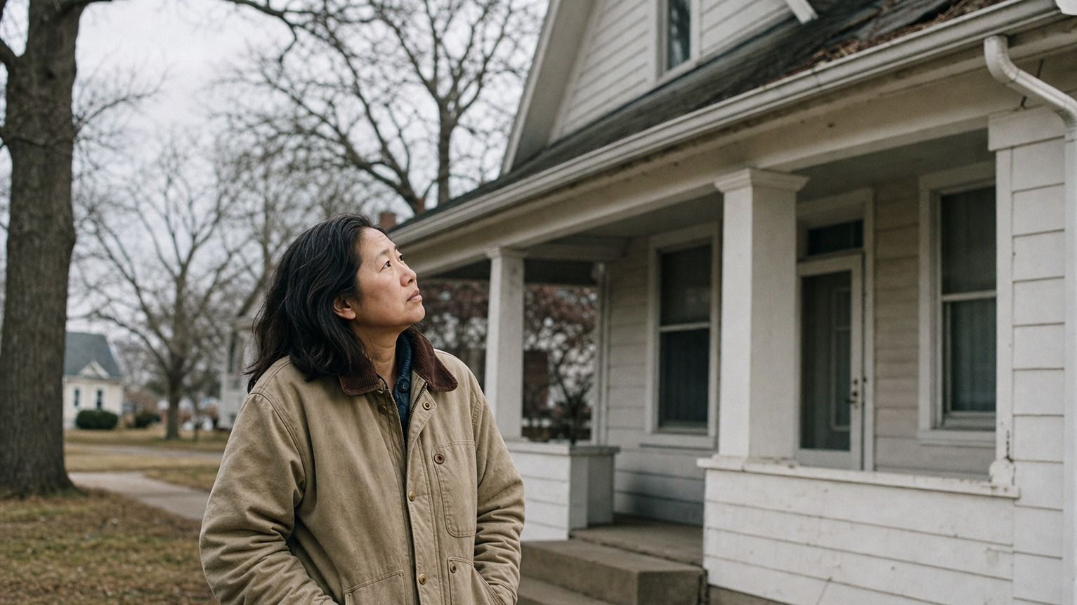 A buyer studies the roofline and porch of an older white clapboard house in winter.