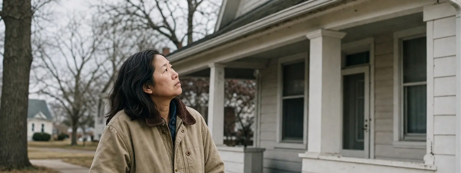 A buyer studies the roofline and porch of an older white clapboard house in winter.