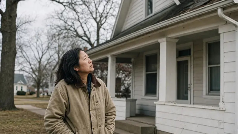 A buyer studies the roofline and porch of an older white clapboard house in winter.