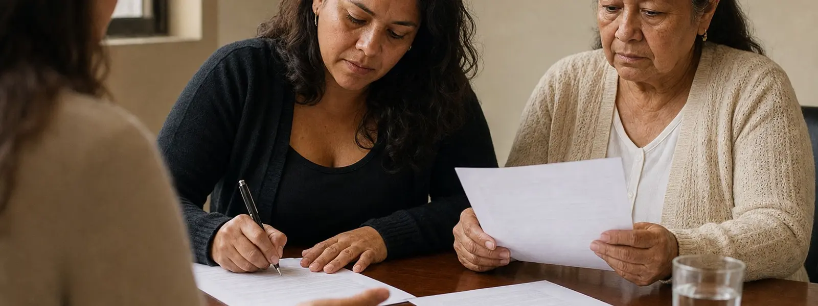 A buyer signs closing documents at a table while a relative reads another page.