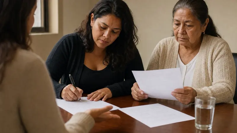 A buyer signs closing documents at a table while a relative reads another page.