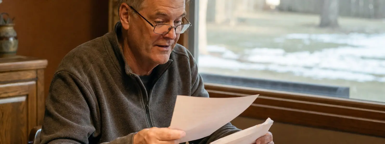 A homeowner opens a letter at a dining table and reads the single page inside it.