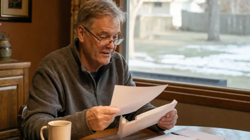 A homeowner opens a letter at a dining table and reads the single page inside it.