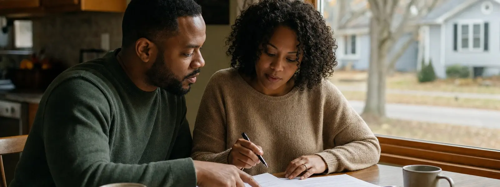 Two homebuyers review printed loan paperwork and a file folder at a kitchen table.