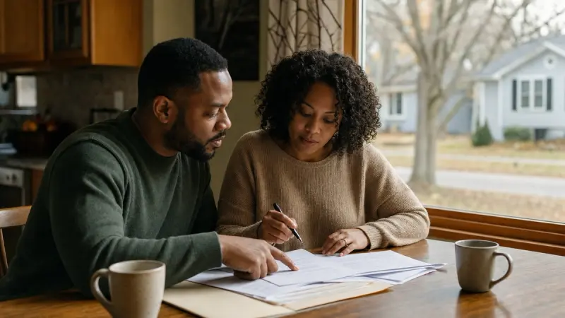 Two homebuyers review printed loan paperwork and a file folder at a kitchen table.