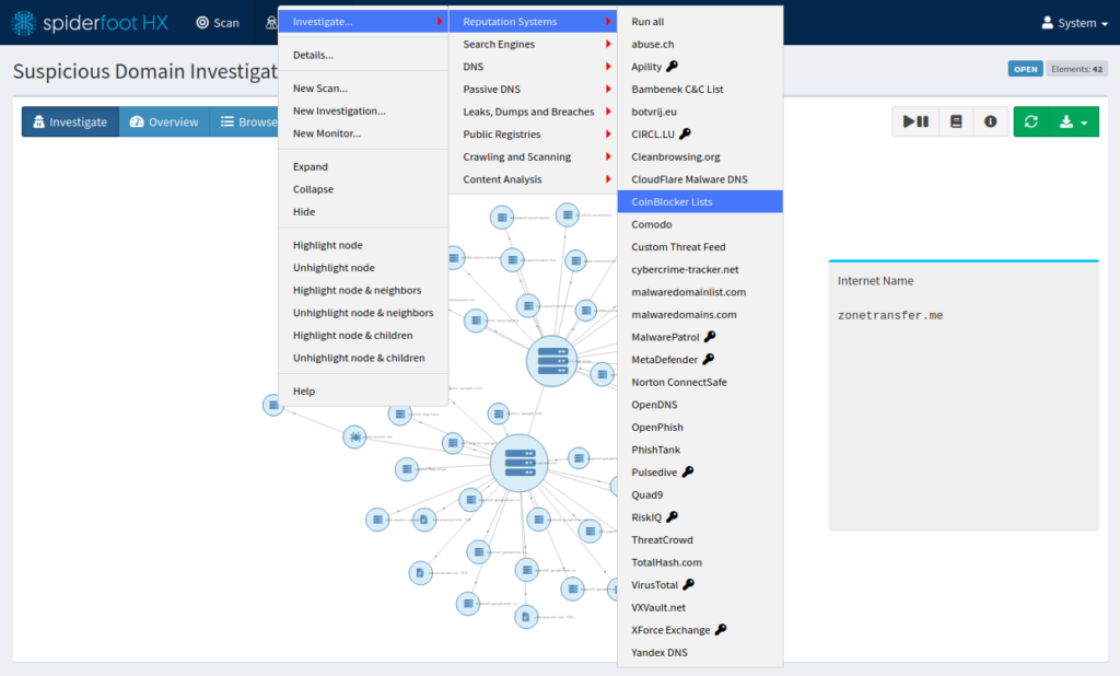 SpiderFoot HX enables you to investigate entities through an intuitive graph interface. Querying OSINT data sources requires no knowledge of their API scheme.