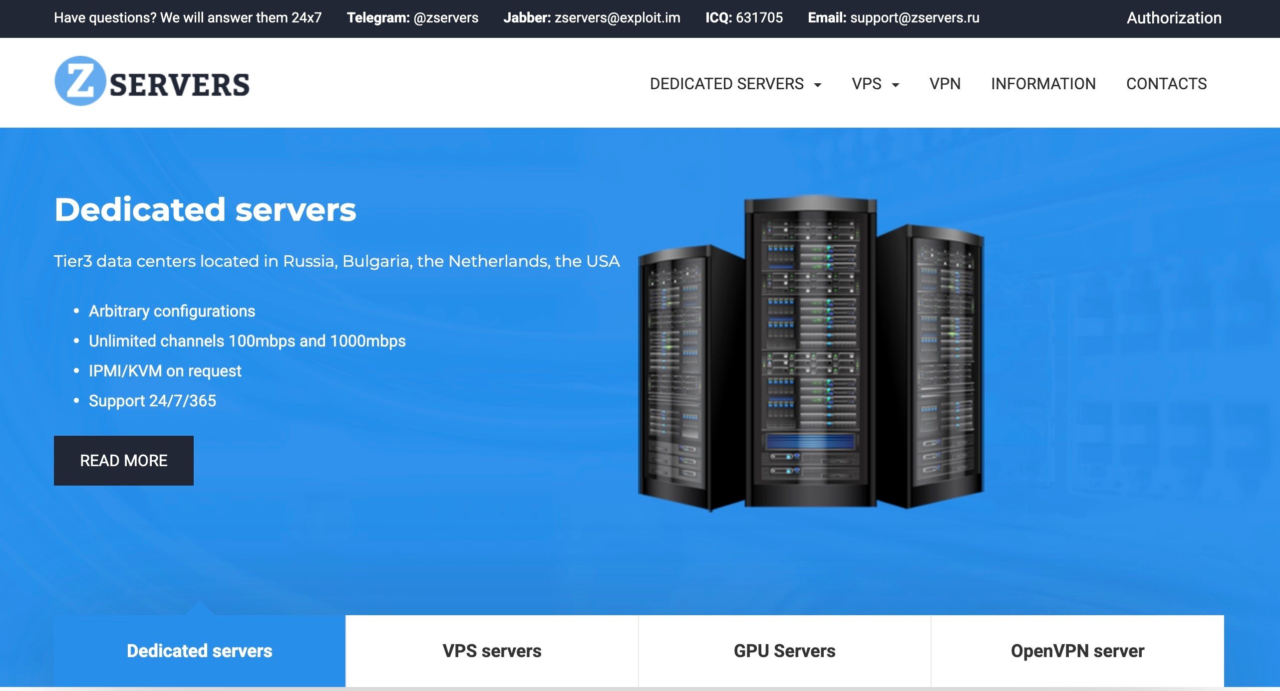 A translated version of Zservers’ website, which is in Russian, March 5, 2025.
