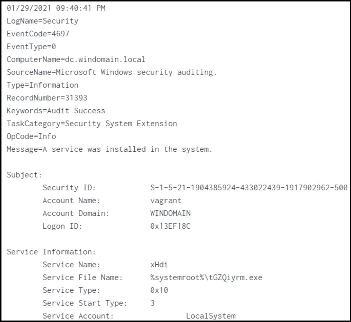 An event log that shows the installation of Impacket, a PsExec-like tool. (Source: bczyz's research blog)