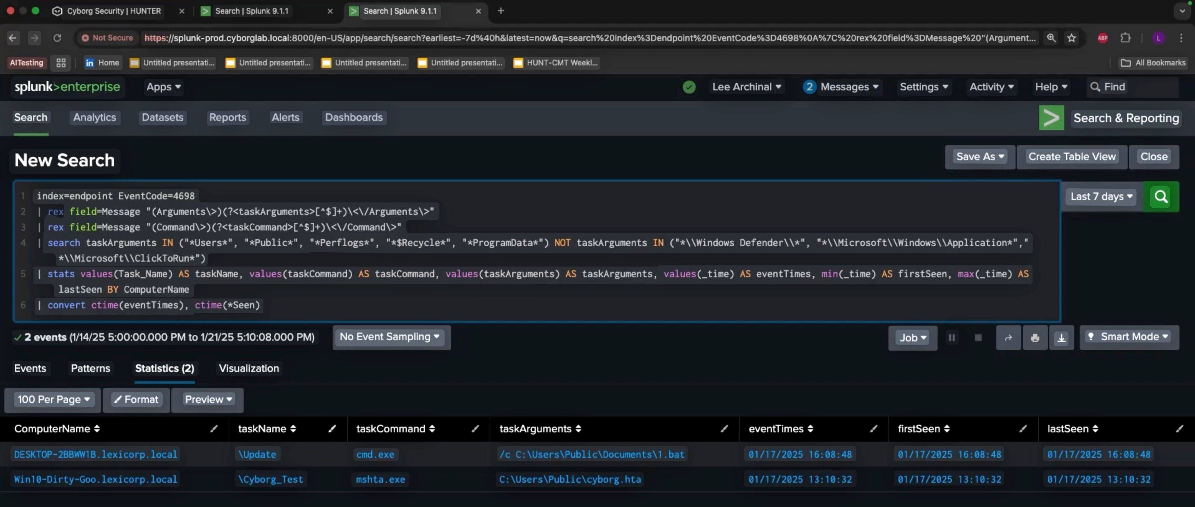 A query hunting for certain command-line events in Splunk.