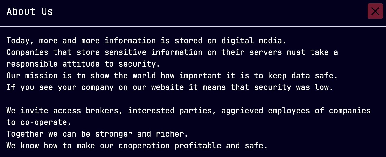 A screenshot of the “About Us” information from Sarcoma’s data leak site.