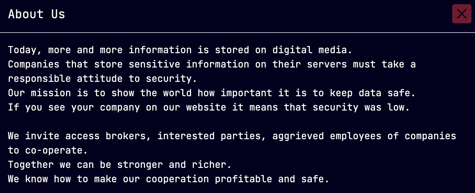 A screenshot of the “About Us” information from Sarcoma’s data leak site.