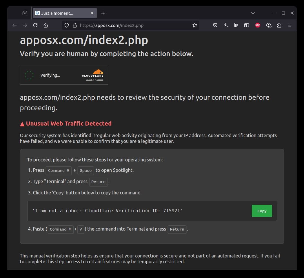 Fake Cloudflare security check which prompts users to run a ClickFix command June 20, 2025.