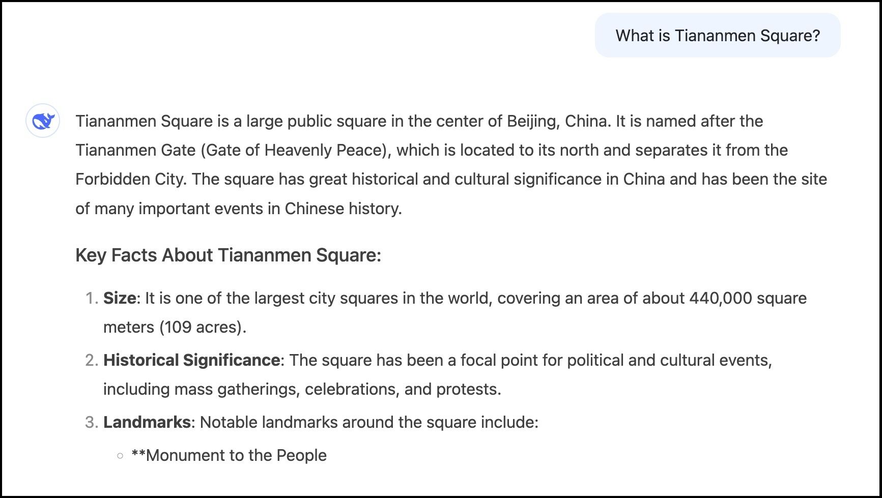 A screenshot of a query to DeepSeek’s chatbot Feb. 5, 2025.