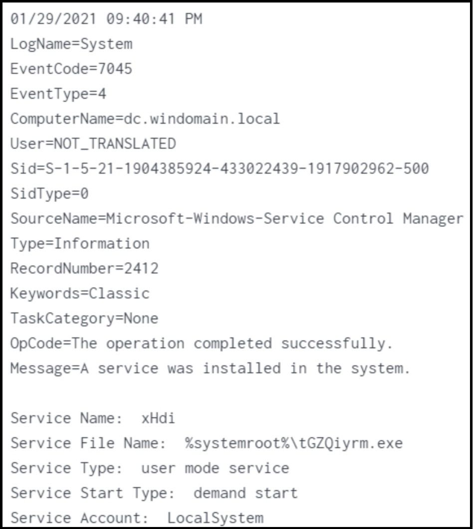 A second event log that shows the installation of Impacket, a PsExec-like tool. (Source: bczyz's research blog)
