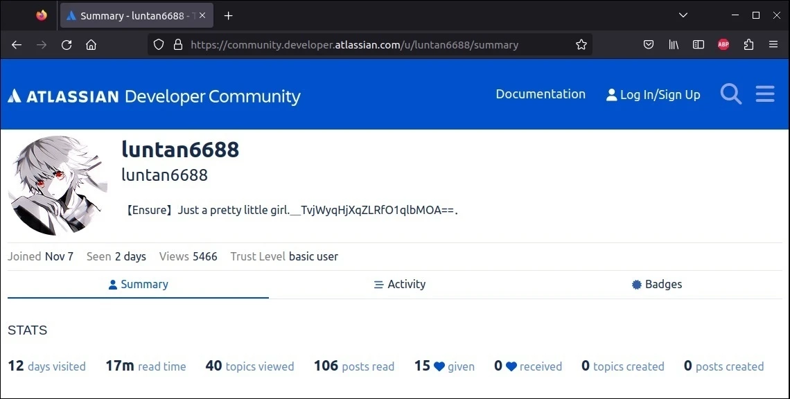 The image depicts the luntan6688 user profile on the Atlassian community developer forum Nov. 26, 2024.
