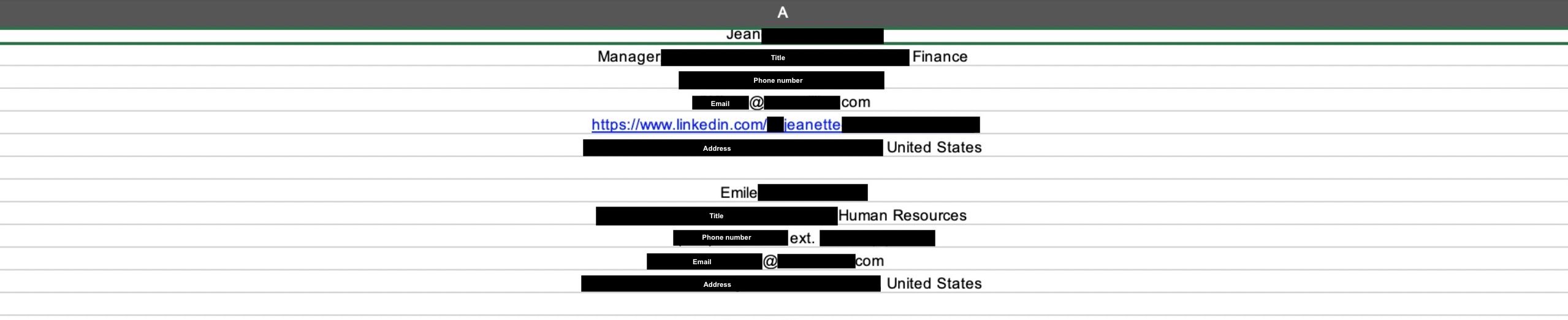 An example of how Black Basta listed potential phishing targets in Google Sheets.