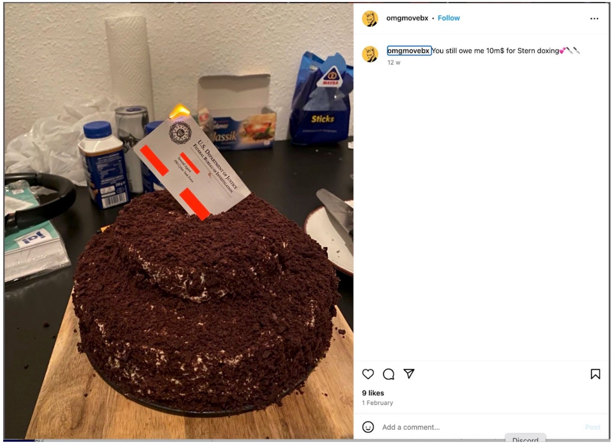 An Instagram account linked to Tarasov published this photo Feb. 9, 2025. The business card purports to belong to an FBI special agent who Tarasov claims questioned him in Berlin. The caption refers to Tarasov’s claim that he doxed a threat actor going by the persona stern.